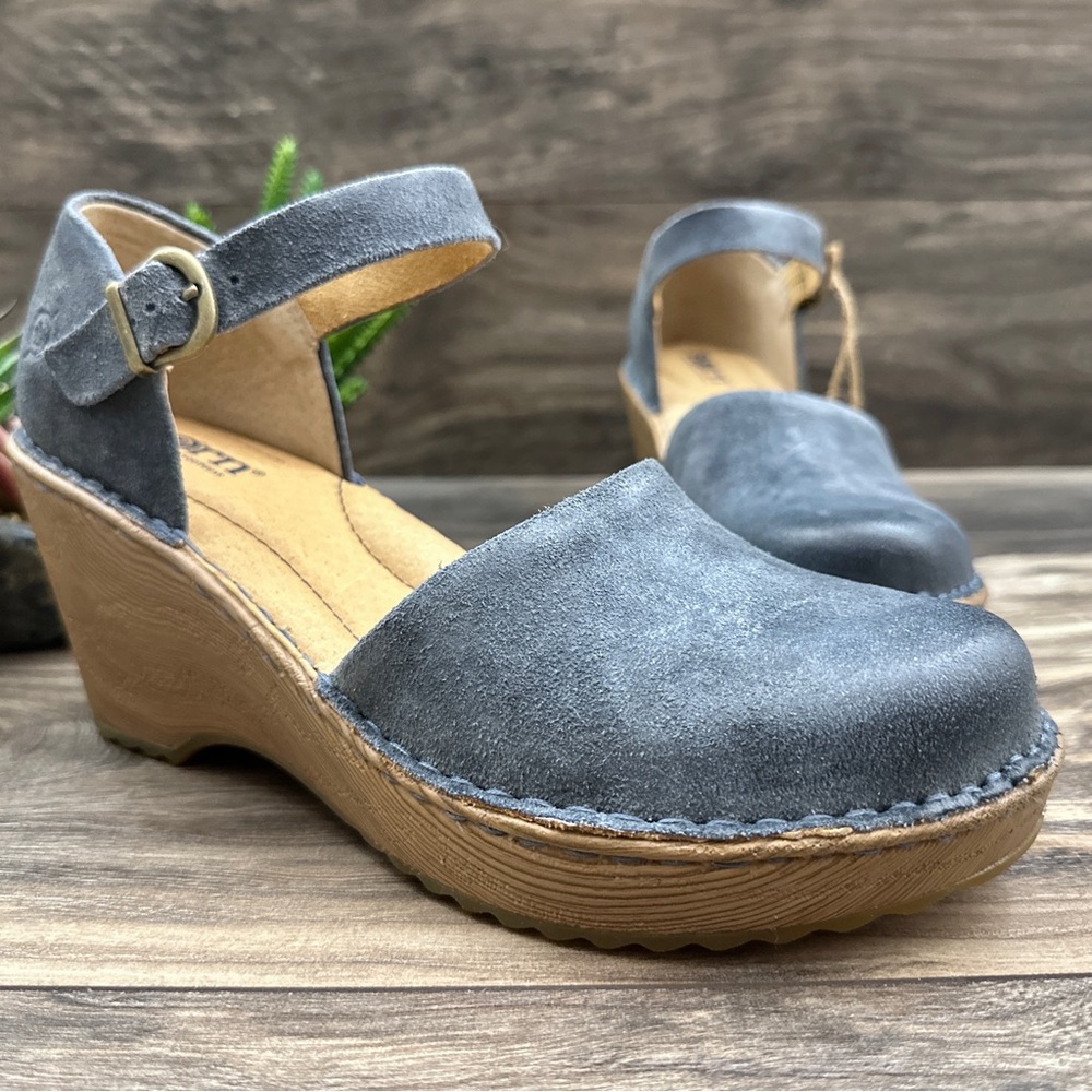 Born Nellie Platform Clog Closed Back Mary Jane Distressed Dark Blue Suede 10M - Picture 4 of 14